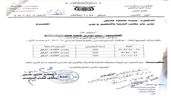 تربية عدن تصدر قرارا بتخفيض رسوم المدارس الأهلية 30 وتوجه بالنزول الميداني لمتابعة التنفيذ تربية عدن تصدر قرارا بتخفيض رسوم المدارس الأهلية 30 وتوجه بالنزول الميداني لمتابعة التنفيذ