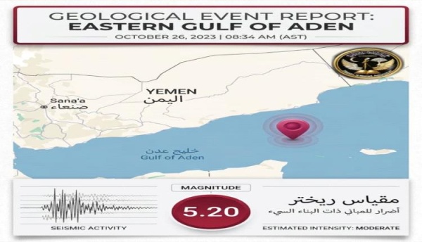 زلزال جديد بقوة 5 2 درجة في شرق خليج عدن زلزال جديد بقوة 5 2 درجة في شرق خليج عدن