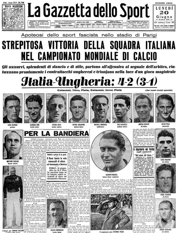 مونديال و مانشيت 20 يونيو 1938 إيطاليا تحتفل بصرخة شعب