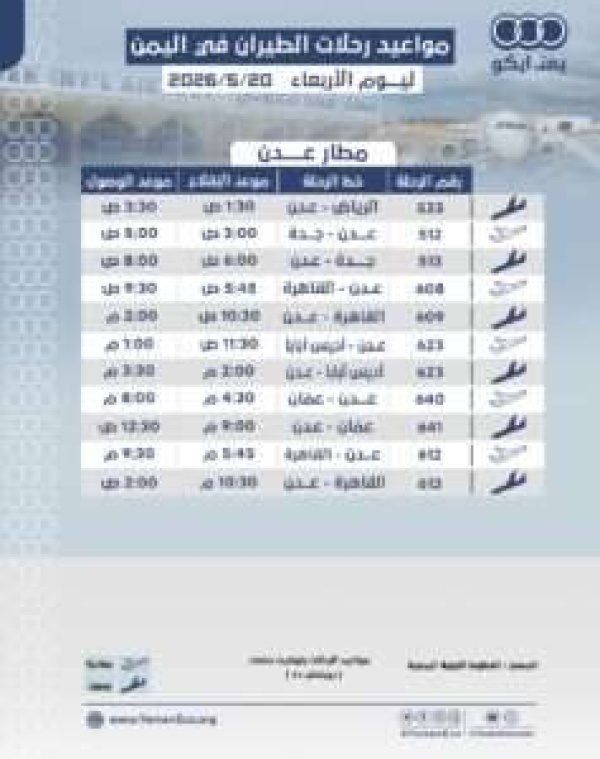 مواعيد الرحلات في مطار عدن ليوم الاربعاء 20 مايو 2026م