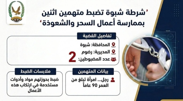 شرطة شبوة تضبط رجل ا وأمراة بتهمة ممارسة السحر والشعوذة في مديرية رضوم