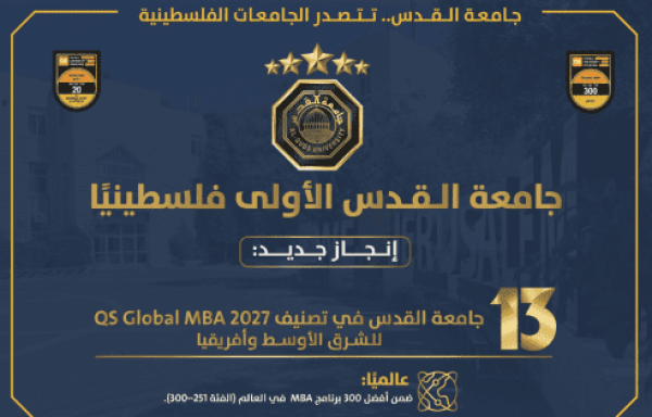 جامعة القدس تحافظ على صدارتها فلسطيني ا وتواصل حضورها إقليمي ا بالمرتبة 13 في تصنيف qs لبرامج ماجستير إدارة الأعمال لعام 2027