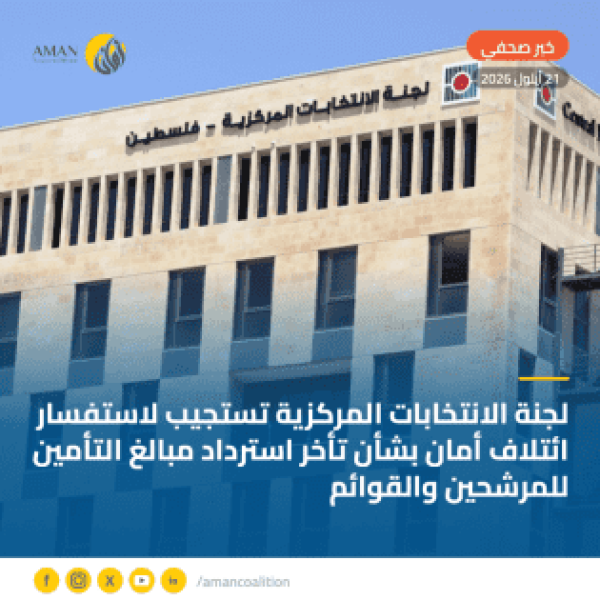 لجنة الانتخابات المركزية تستجيب لاستفسار ائتلاف أمان بشأن تأخر استرداد مبالغ التأمين للمرشحين والقوائم لجنة الانتخابات المركزية تستجيب لاستفسار ائتلاف أمان بشأن تأخر استرداد مبالغ التأمين للمرشحين والقوائم