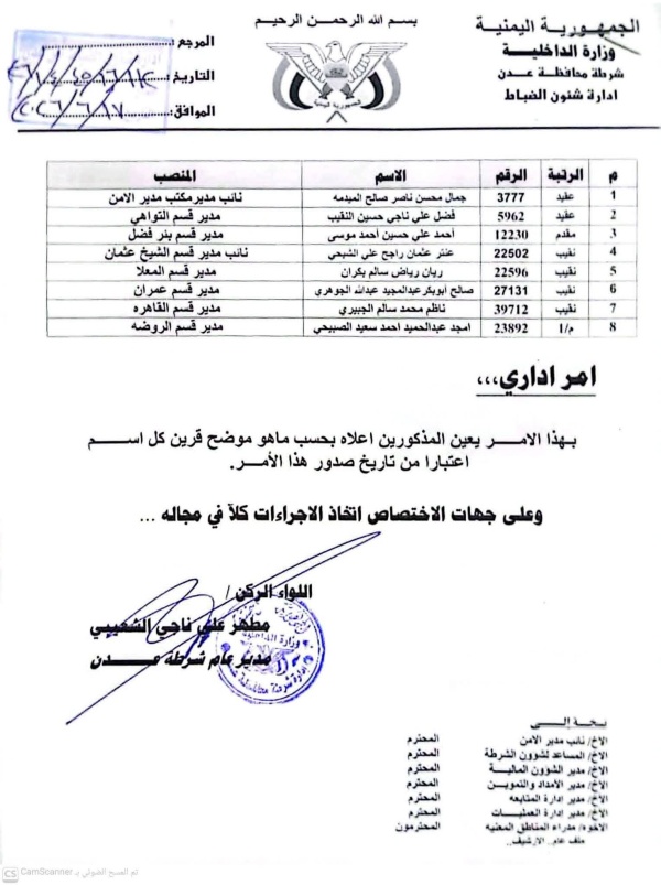 مدير أمن عدن يصدر قرارات جديدة لمدراء أقسام الشرطة