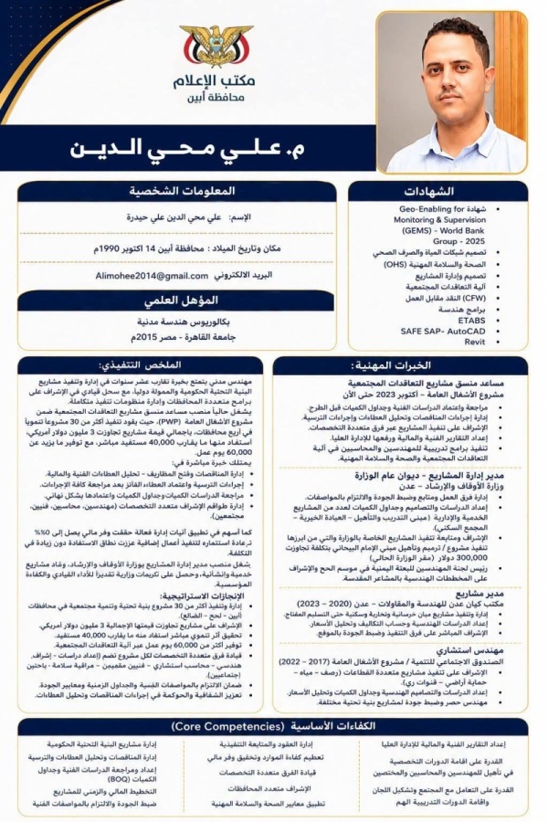 قرار رئيس مجلس الوزراء رقم 63 لسنة 2026م بشأن تعيين مدير عام لمكتب الأشغال العامة والطرق بمحافظة أبين